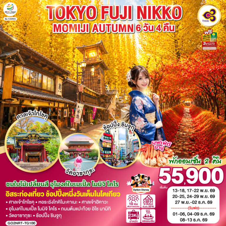 ภาพปก TOKYO โตเกียว ฟูจิ นิกโก้ ใบไม้เปลี่ยนสี อุโมงค์ใบเมเปิ้ล 6D 4N โดยสายการบินไทย [TG] พักออนเซ็นนิกโก้ 1 คืน